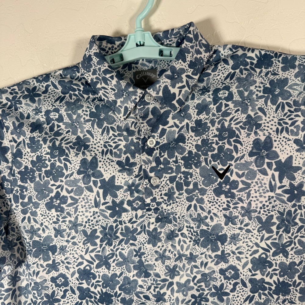Callaway Polo Shirt Mens Medium Blue Floral Opti-Dri Golf Short Sleeve Stretch